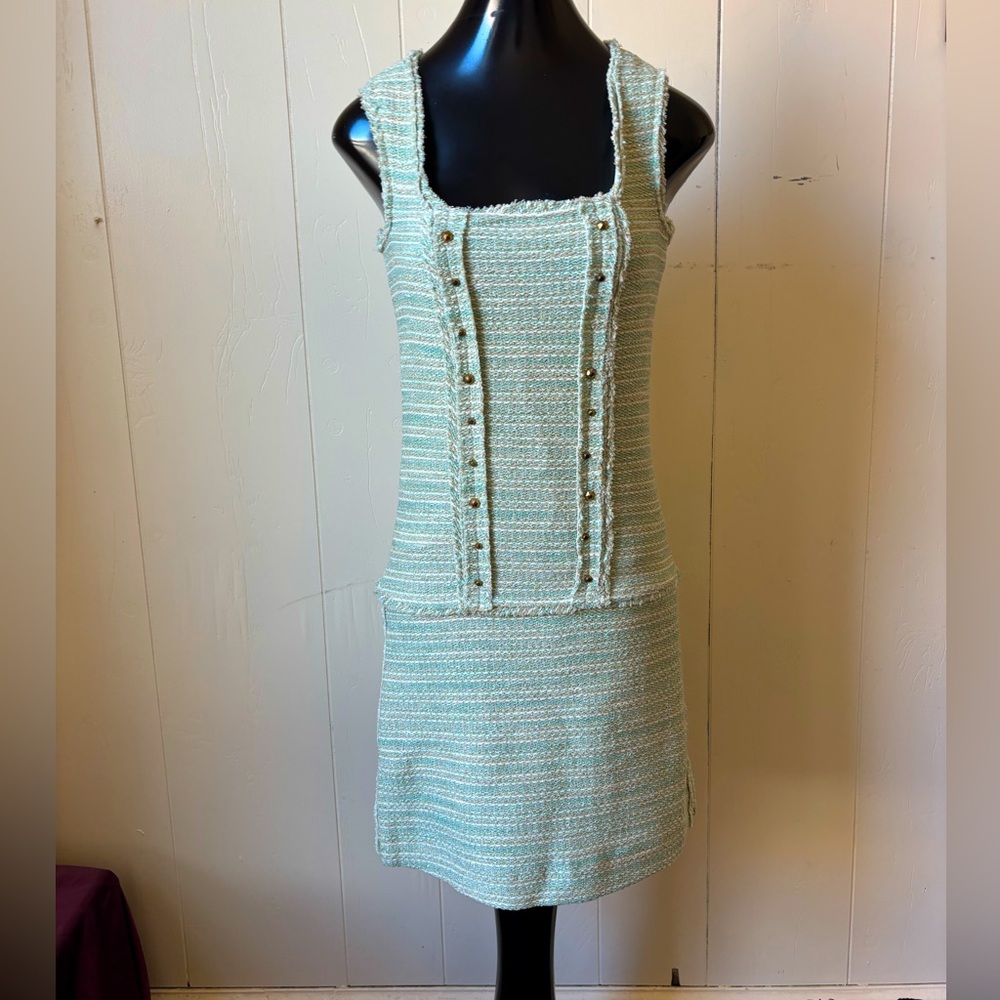 Pistachio Mint Green, White, Gold Drop Waist Sleevless Chanel Style Dress